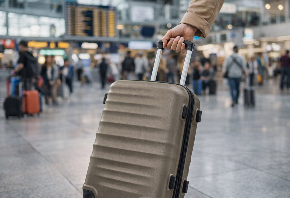 Απεικονίζεται η βαλίτσα τοποθετημένη στον χώρο ενός αεροδρομίου.